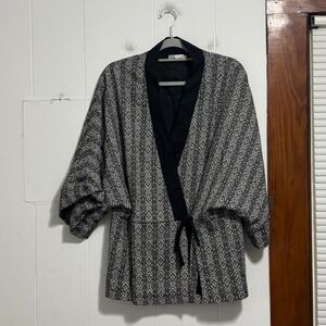 Petite Gamine Linen Cotton Kimono Wrap Jacket Black White Geometric Small